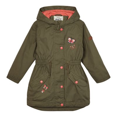 Girls' khaki butterfly embroidered parka coat